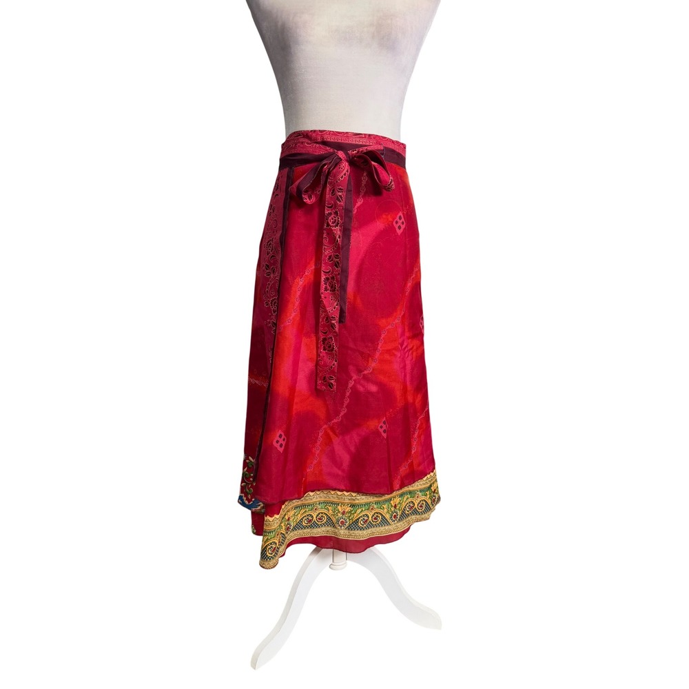 Kariza Wrap Midi Skirt Boho Paisley Border Print Red Festival Lightweight M